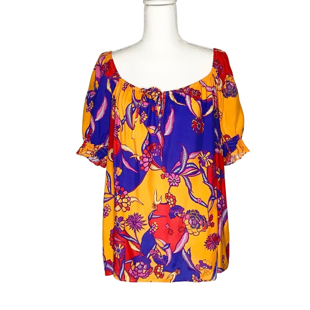 ModCloth In All My Vibrance Multicolor Tie Front Short Sleeve Peasant Top XL